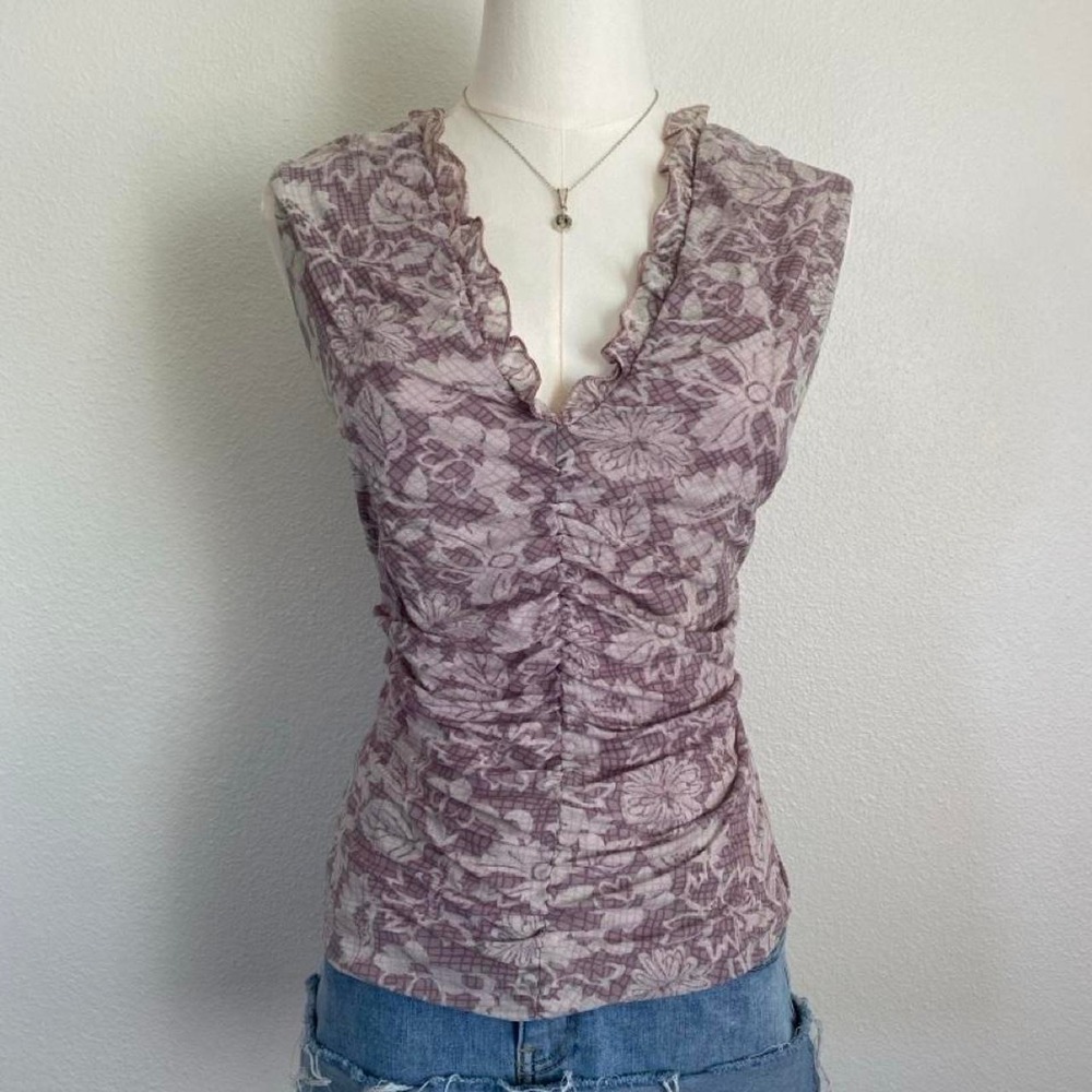 Y2K Apostrophe Ruffled Mesh Floral Sleeveless V Neck Blouse Fairycore - Picture 3 of 6